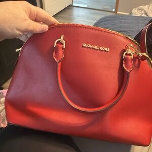 Michael Kors Red Leather Dome Satchel with Gold Accents